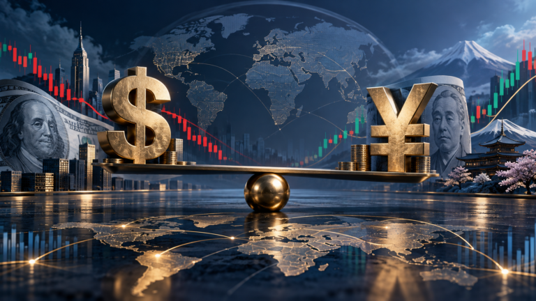 Illustration of the U.S. dollar and Japanese yen balanced against global financial market charts.