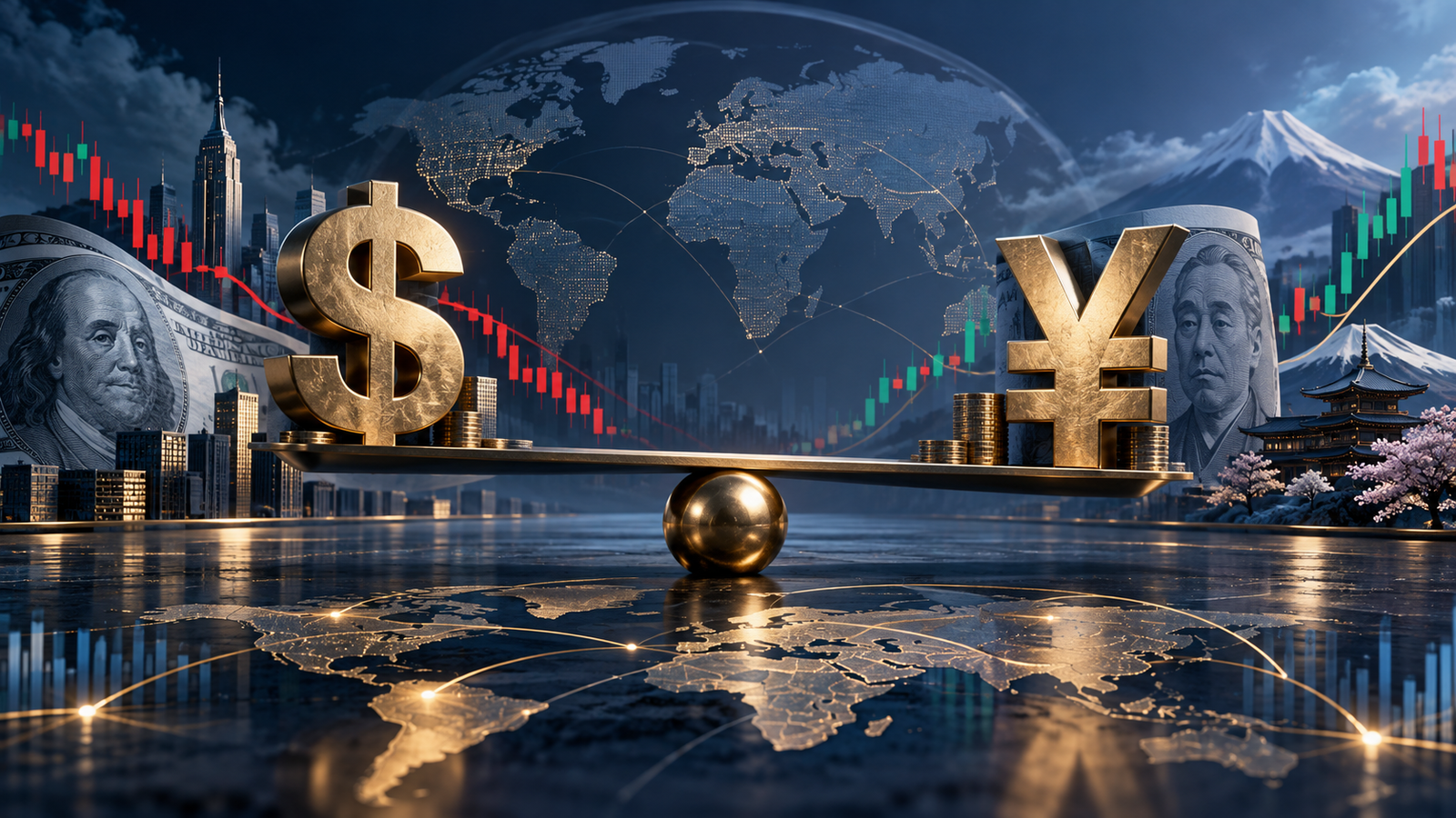 Illustration of the U.S. dollar and Japanese yen balanced against global financial market charts.