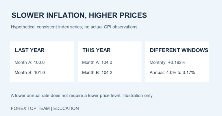 Hypothetical price index: last-year months A and B are 100.0 and 101.0; this year they are 104.0 and 104.2. Monthly prices rise 0.192 percent while annual inflation falls from 4.0 to 3.17 percent.