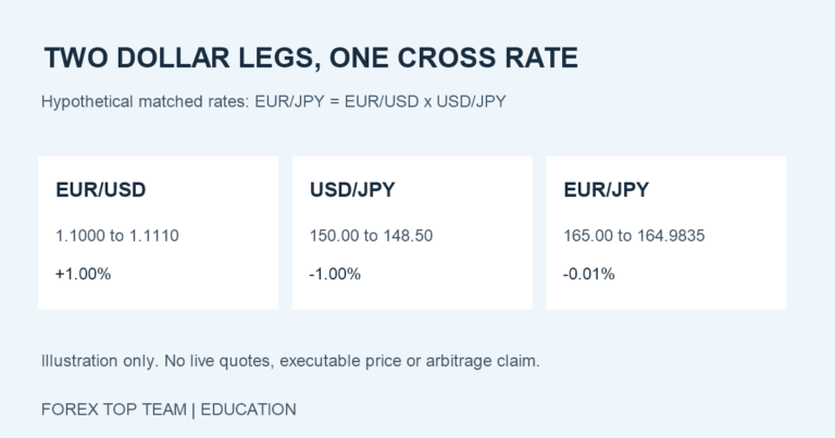 Hypothetical matched rates: EUR/USD rises one percent from 1.1000 to 1.1110; USD/JPY falls one percent from 150.00 to 148.50; EUR/JPY falls 0.01 percent from 165.00 to 164.9835.