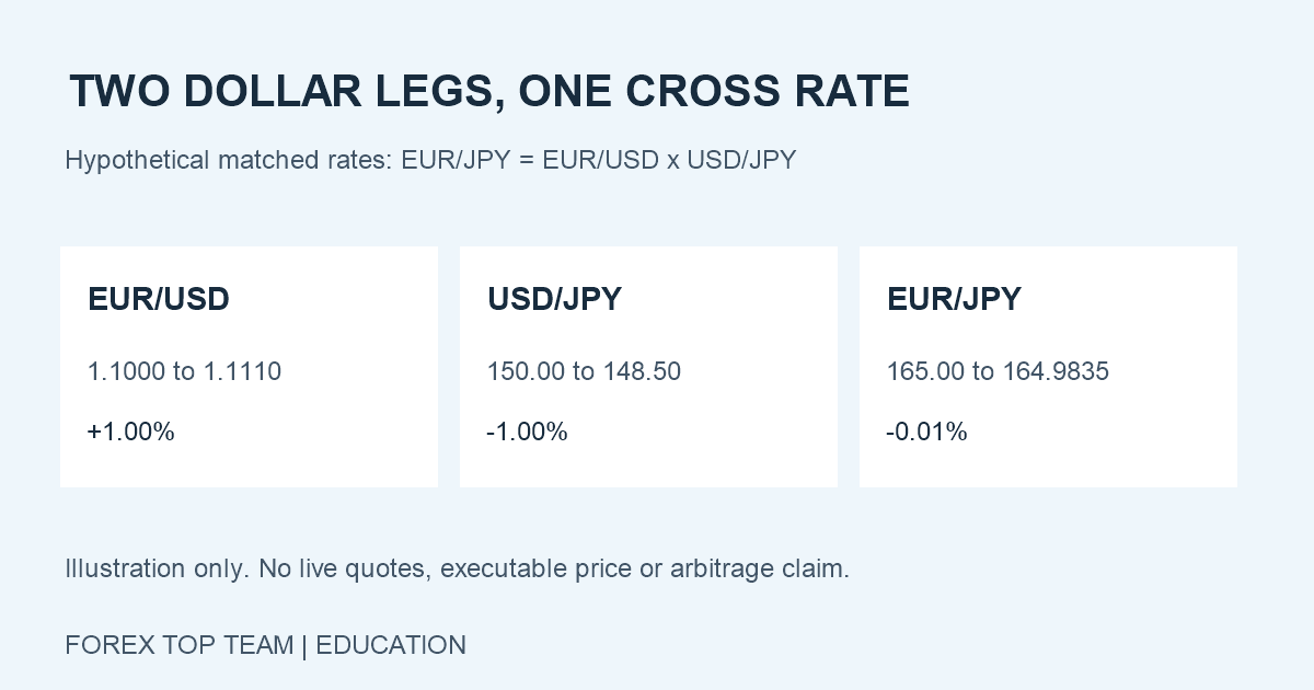 Hypothetical EUR/USD increase of one percent and USD/JPY decline of one percent combine into a EUR/JPY decline of 0.01 percent with matched observations.