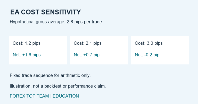 Hypothetical cost sensitivity: a gross average of 2.8 pips per trade becomes net averages of 1.6, 0.7 and minus 0.2 pips when round-trip costs are 1.2, 2.1 and 3.0 pips. Fixed trade sequence illustration, not a backtest.
