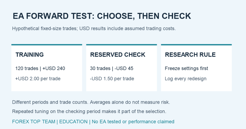 Hypothetical EA comparison: training has 120 trades and USD 240 net profit, or USD 2 per trade; the reserved check has 30 trades and USD 45 net loss, or minus USD 1.50 per trade. Freeze settings and log redesigns.