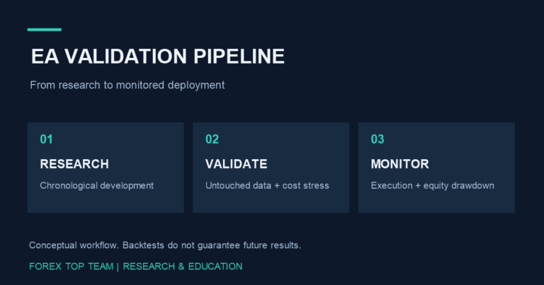 EA validation workflow: chronological research, independent validation and monitored execution.