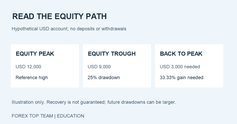 Hypothetical equity falls from USD 12,000 to USD 9,000, a 25 percent drawdown. Regaining USD 12,000 requires USD 3,000, or a 33.33 percent gain from the trough, without cash flows.