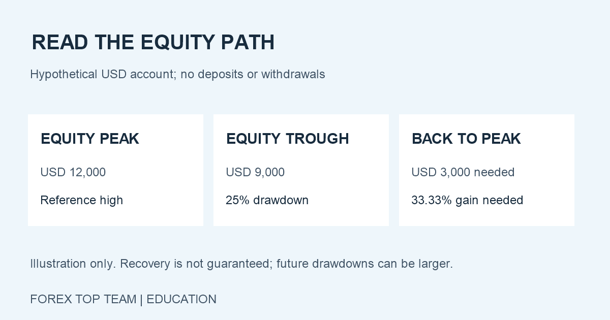 Hypothetical equity peak USD 12,000 and trough USD 9,000: 25 percent drawdown and 33.33 percent gain required to regain the peak without cash flows.