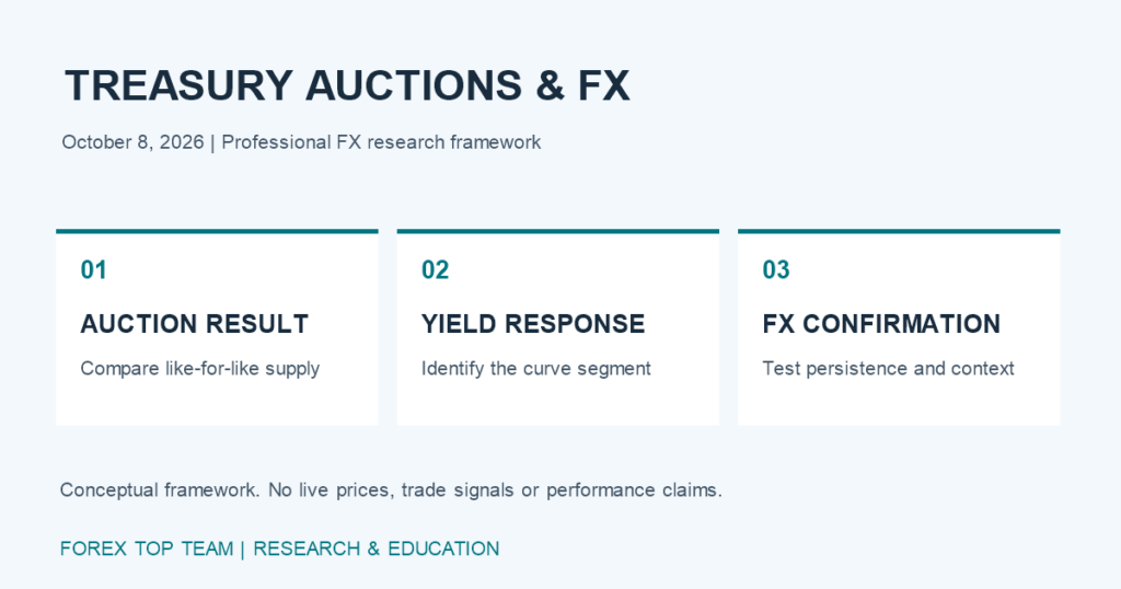 Treasury auction analysis: compare auction results, identify the yield response, and confirm the FX reaction.