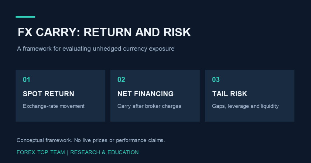 Three components of FX carry analysis: spot return, net financing and tail risk.