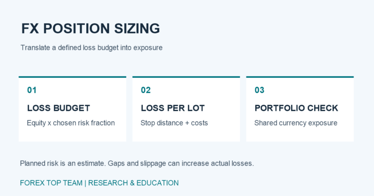 Position sizing workflow: establish the loss budget, calculate loss per lot, and check shared portfolio exposure.