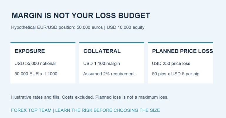 Hypothetical 50,000-euro EUR/USD trade: USD 55,000 notional exposure, USD 1,100 collateral at an assumed 2% margin rate, and USD 250 price loss for a 50-pip decline before costs.