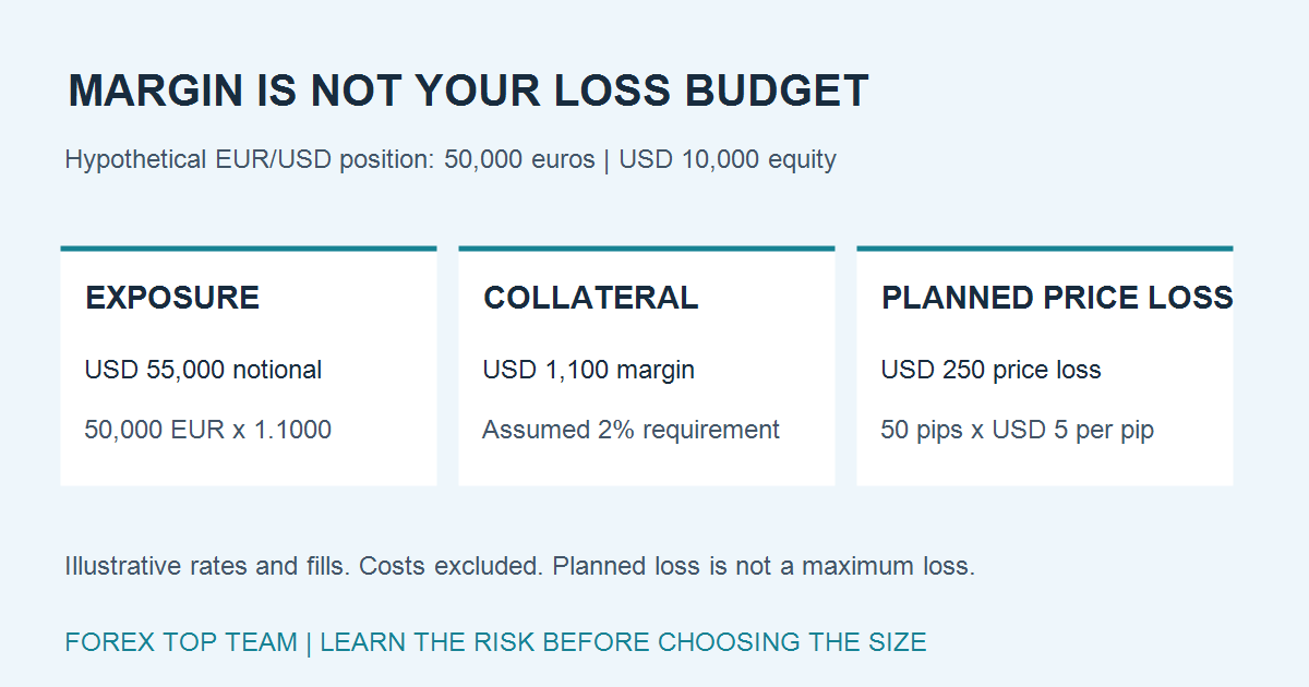 Hypothetical 50,000-euro EUR/USD trade: USD 55,000 notional exposure, USD 1,100 collateral at an assumed 2% margin rate, and USD 250 price loss for a 50-pip decline before costs.
