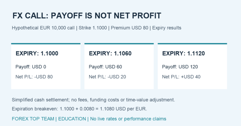 Hypothetical EUR 10,000 call with strike 1.1000 and USD 80 premium: expiry 1.1000 yields zero payoff and USD 80 loss; 1.1060 yields USD 60 payoff and USD 20 loss; 1.1120 yields USD 120 payoff and USD 40 gain. Breakeven is 1.1080 before fees.