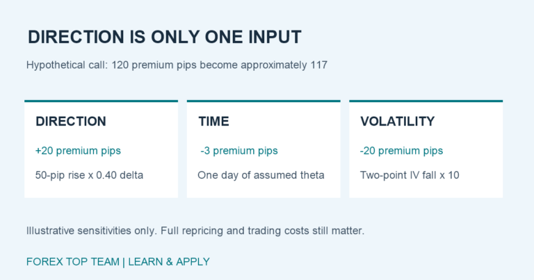 Hypothetical FX call premium: direction adds 20 pips, one day costs 3 pips, and lower implied volatility subtracts 20 pips, leaving an approximate 3-pip loss.