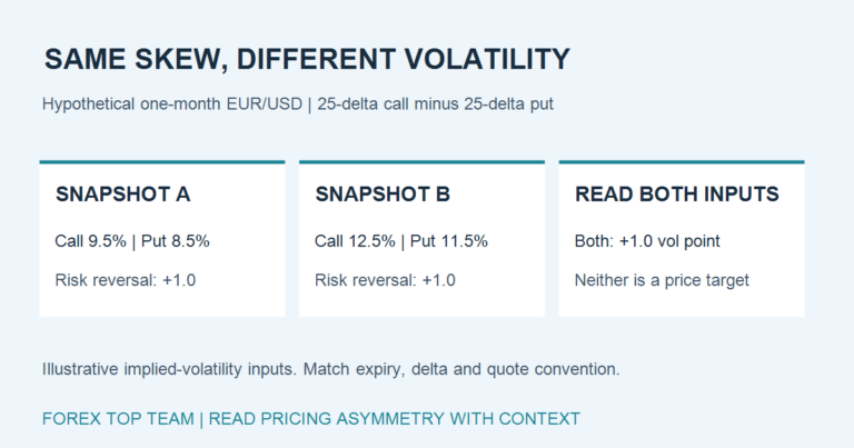 Hypothetical one-month EUR/USD 25-delta options: call 9.5% minus put 8.5%, and call 12.5% minus put 11.5%, both give a positive 1.0 volatility-point risk reversal despite different volatility levels.