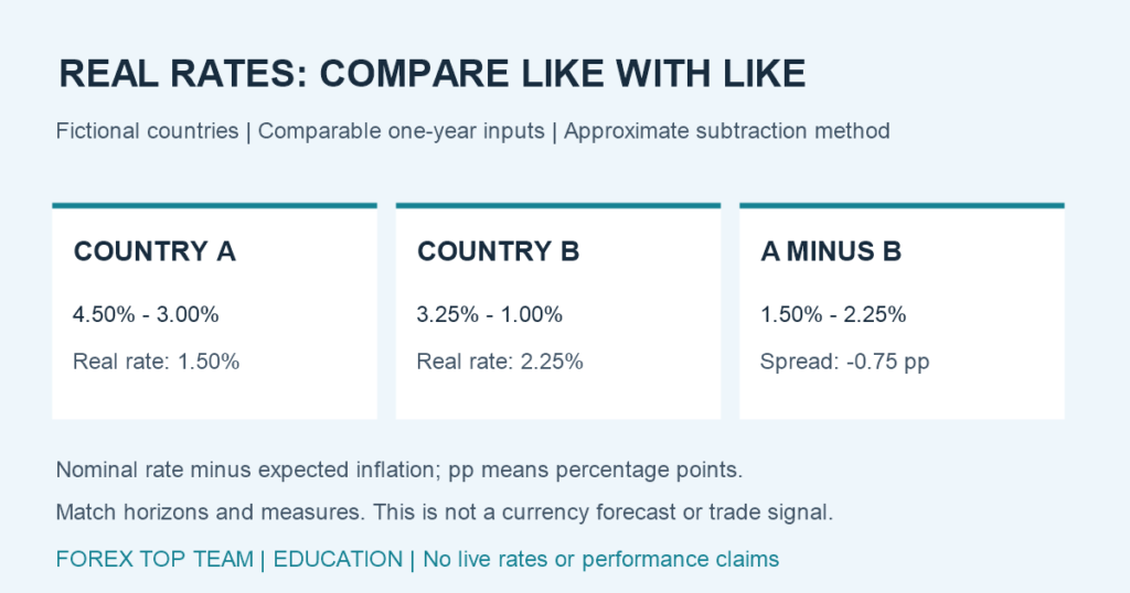 Hypothetical real-rate comparison: country A has 4.50% nominal minus 3.00% expected inflation, approximately 1.50% real; country B has 3.25% minus 1.00%, or 2.25% real. A minus B is minus 0.75 percentage point.