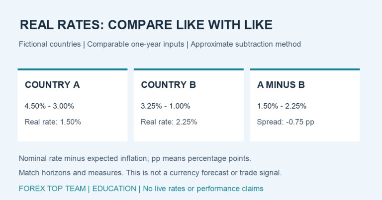 Hypothetical real-rate comparison: country A has 4.50% nominal minus 3.00% expected inflation, approximately 1.50% real; country B has 3.25% minus 1.00%, or 2.25% real. A minus B is minus 0.75 percentage point.