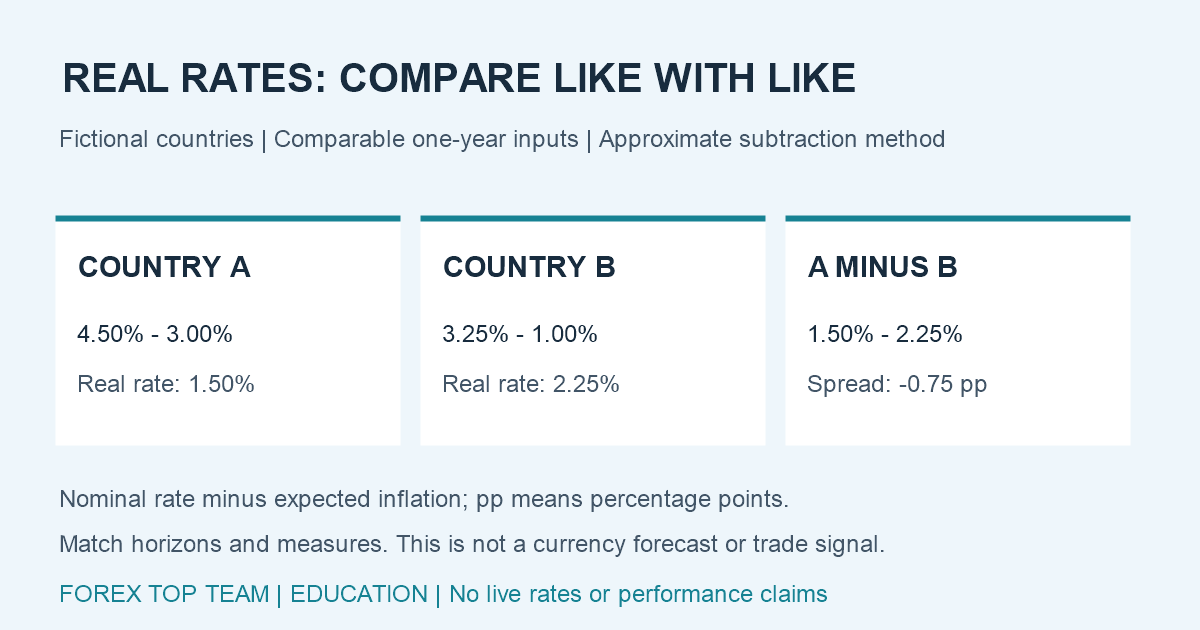 Hypothetical real-rate comparison: country A has 4.50% nominal minus 3.00% expected inflation, approximately 1.50% real; country B has 3.25% minus 1.00%, or 2.25% real. A minus B is minus 0.75 percentage point.