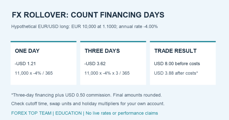 Hypothetical EUR 10,000 EUR/USD position: one financing day costs USD 1.21, three days USD 3.62, leaving USD 3.88 from an USD 8 fill-to-fill gain after financing and USD 0.50 commission.