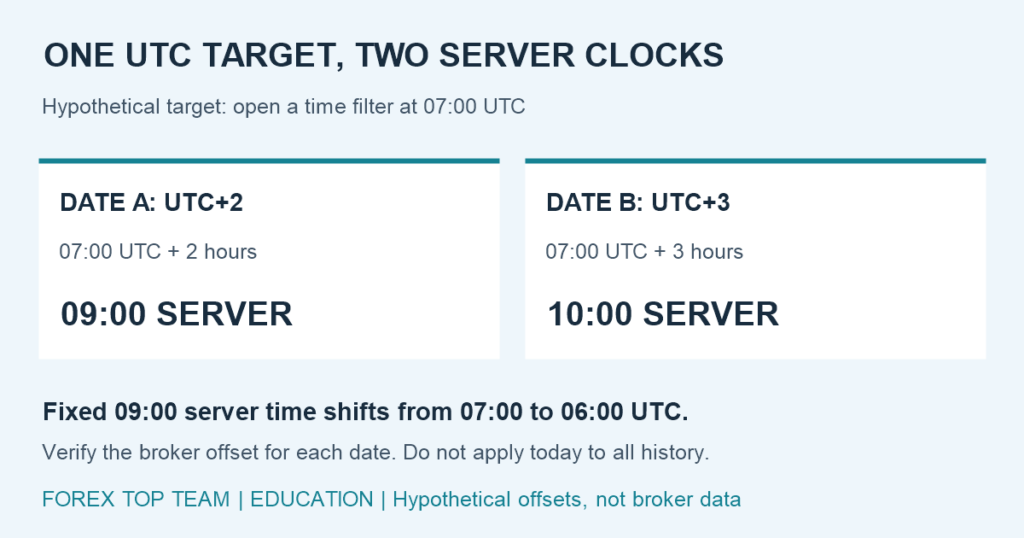 Hypothetical clock conversion: 07:00 UTC equals 09:00 server at UTC+2 and 10:00 server at UTC+3. A fixed 09:00 server setting shifts from 07:00 to 06:00 UTC.