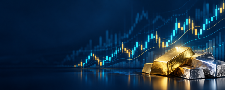 Financial market chart with candlesticks, gold and silver bars