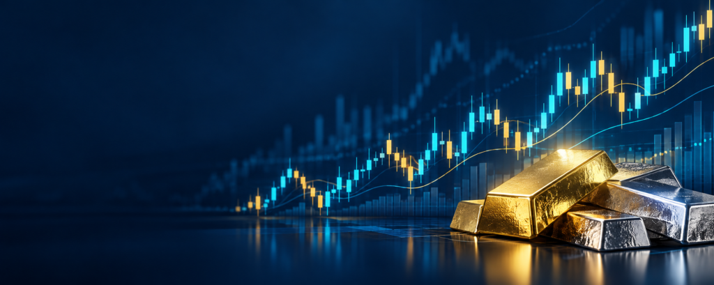 Abstract financial market chart with gold and silver bars.