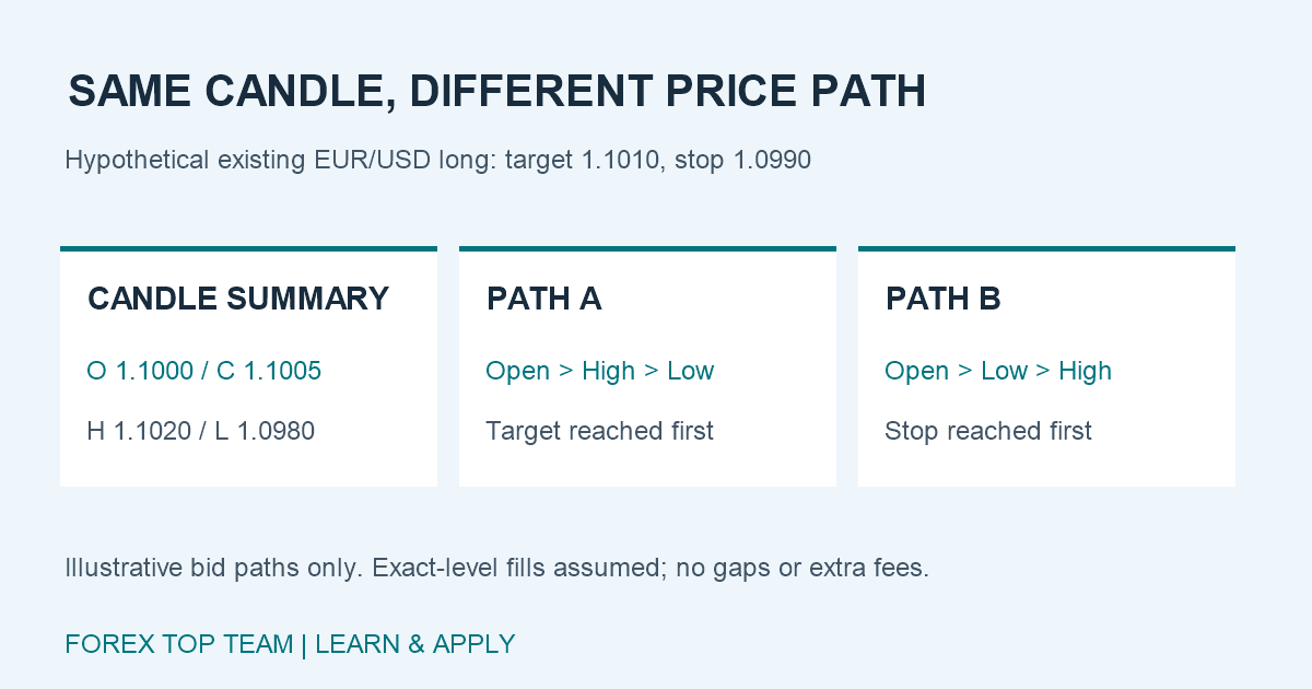 Hypothetical EUR/USD bid candle with identical open, high, low and close: a high-first path reaches the long position target before the stop; a low-first path reaches the stop first.
