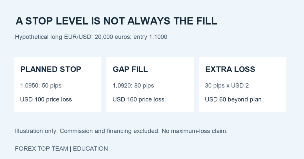 Hypothetical long EUR/USD position of 20,000 euros: a 50-pip stop implies USD 100 price loss, while an 80-pip gap fill implies USD 160, adding USD 60 before commission and financing.