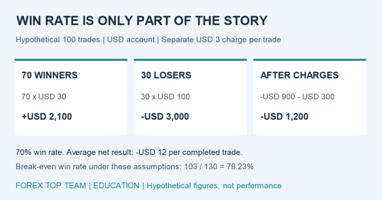 Hypothetical 100 trades: 70 winners earn USD 2100, 30 losers lose USD 3000, and separate USD 300 charges leave a USD 1200 loss despite a 70% win rate.