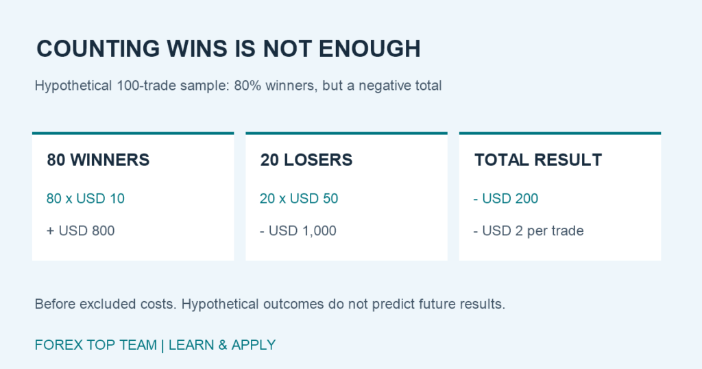 Hypothetical 100 FX trades: 80 winners average USD 10 for USD 800 gains, 20 losers average USD 50 for USD 1000 losses, leaving USD 200 loss before excluded costs.