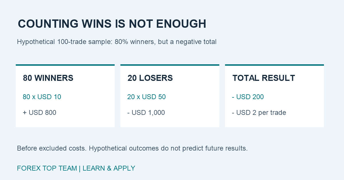 Hypothetical 100 FX trades: 80 winners average USD 10 for USD 800 gains, 20 losers average USD 50 for USD 1000 losses, leaving USD 200 loss before excluded costs.