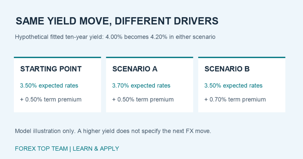 Hypothetical fitted ten-year yield: 3.50 percent expected rates plus 0.50 percent term premium equals 4.00 percent; either component rising by 20 basis points gives 4.20 percent.