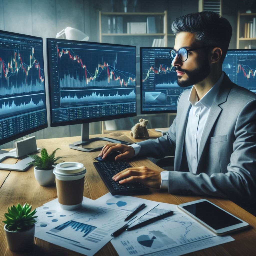 Technical analyst reviewing currency, commodity, and equity market charts.